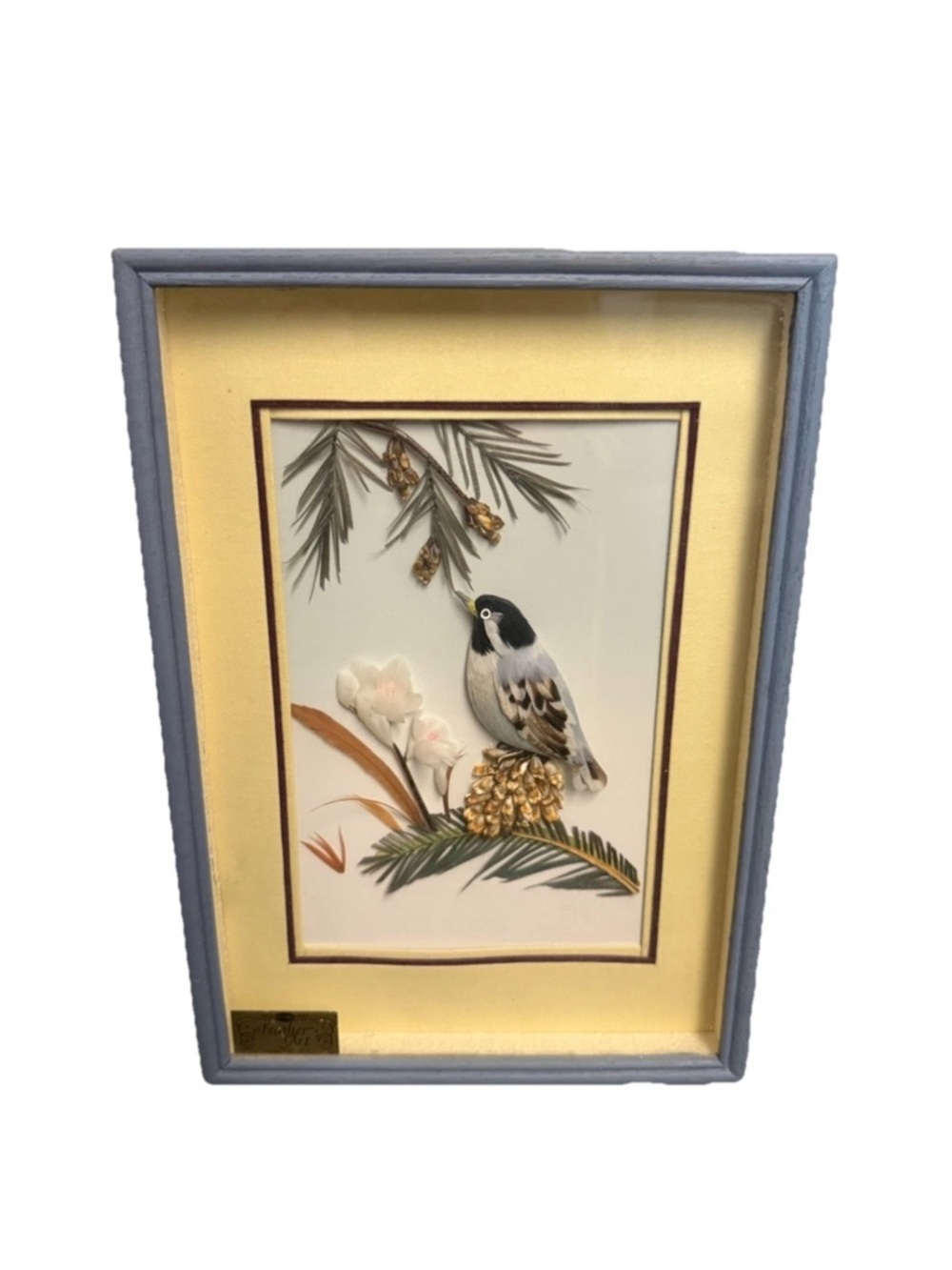 Vintage CAC Framed 3D Feather Art Chickadee 7.5” X 10.5” Collectors Item
